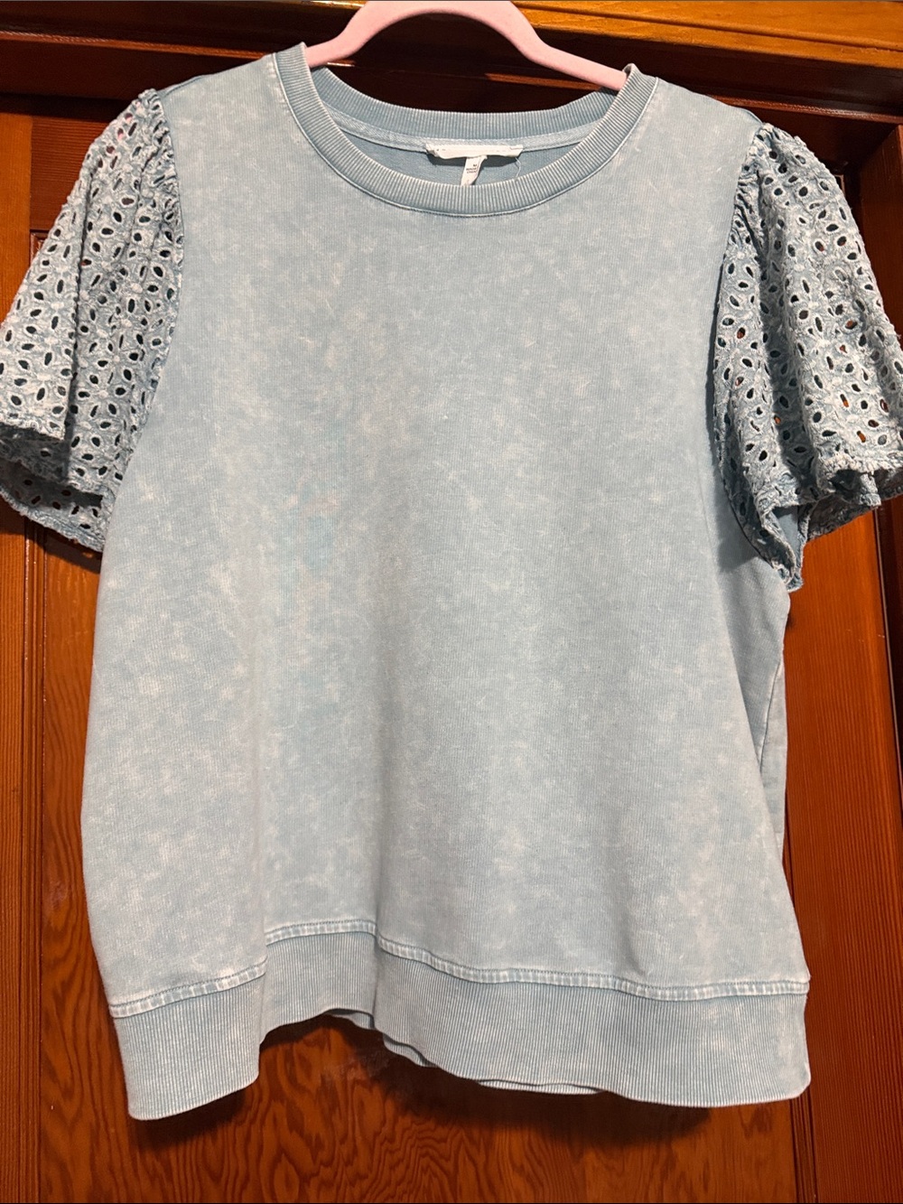 Light Blue Eyelet Sleeve Sweatshirt Top